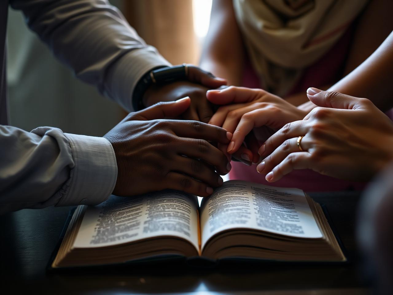 Hands joined in prayer over an open Bible